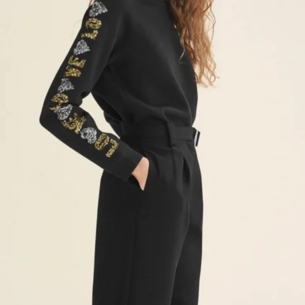 MAJE Love Hearts Gold Silver Sequin Long Sleeve Black Sweatshirt Size1 US S